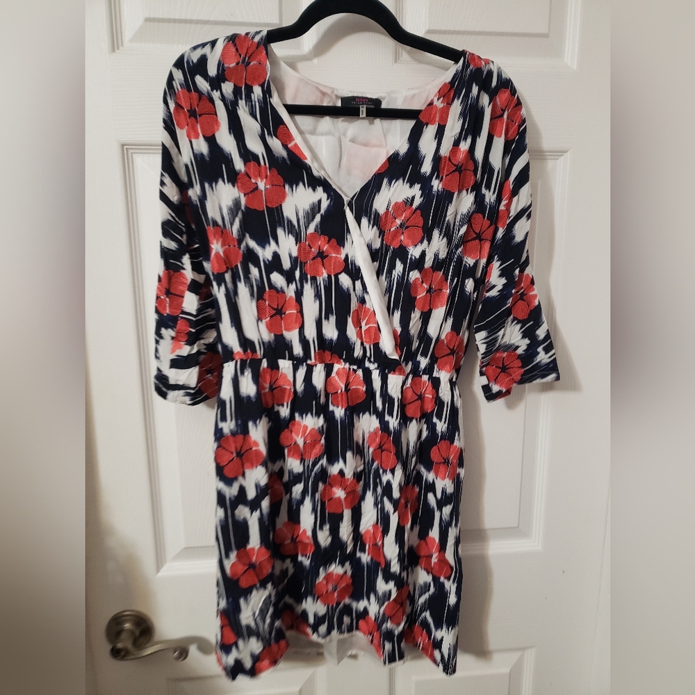 Trina Turk Red White Navy Floral 3/4 Sleeve Dress, M